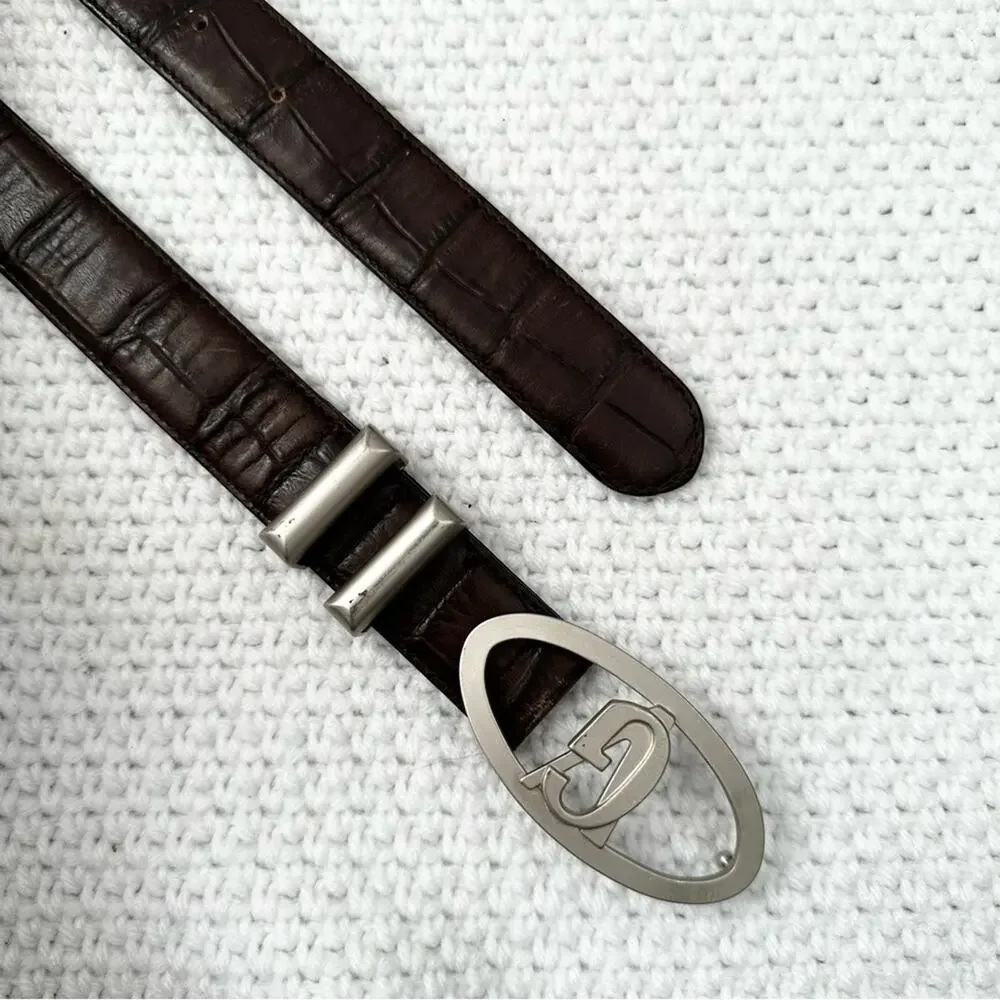 Gianni Versace Kids Vintage Brown Leather Logo Oval Silver Buckle GV Belt 65/26